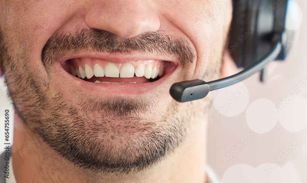 Microphone, mouth or happy man consultant in call center talking or networking online in a telecom office. Smile, closeup or friendly sales agent in communication or conversation at customer services