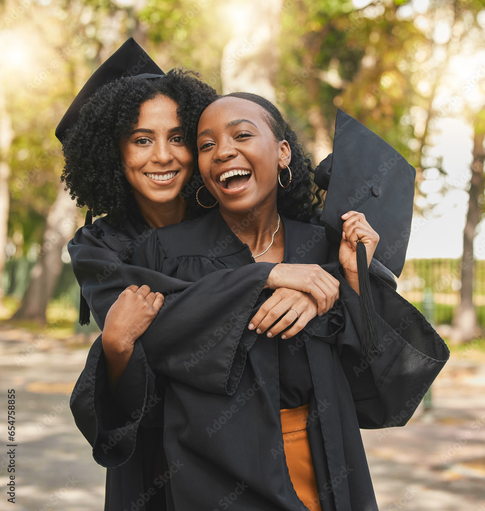 Portrait, graduation and women outdoor, hug and achievement with celebration, diploma and university. People, students and friends embrace, education and outside with happiness, future and support