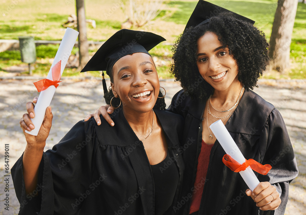 Outdoor, portrait and women with graduation, celebration and achievement with future, knowledge and degree. People, students and girls with education, university and college with success and diploma