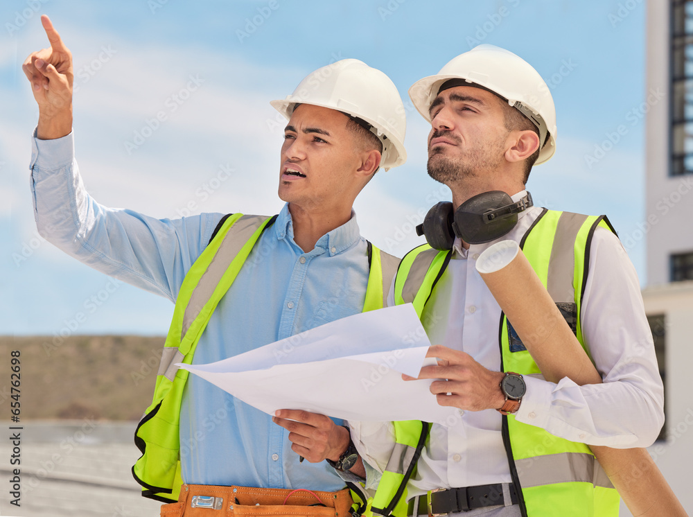 Industrial, blueprint and team of construction workers in the city planning maintenance or repairs on rooftop. Engineering, discussion and men industry employees in collaboration working on building.