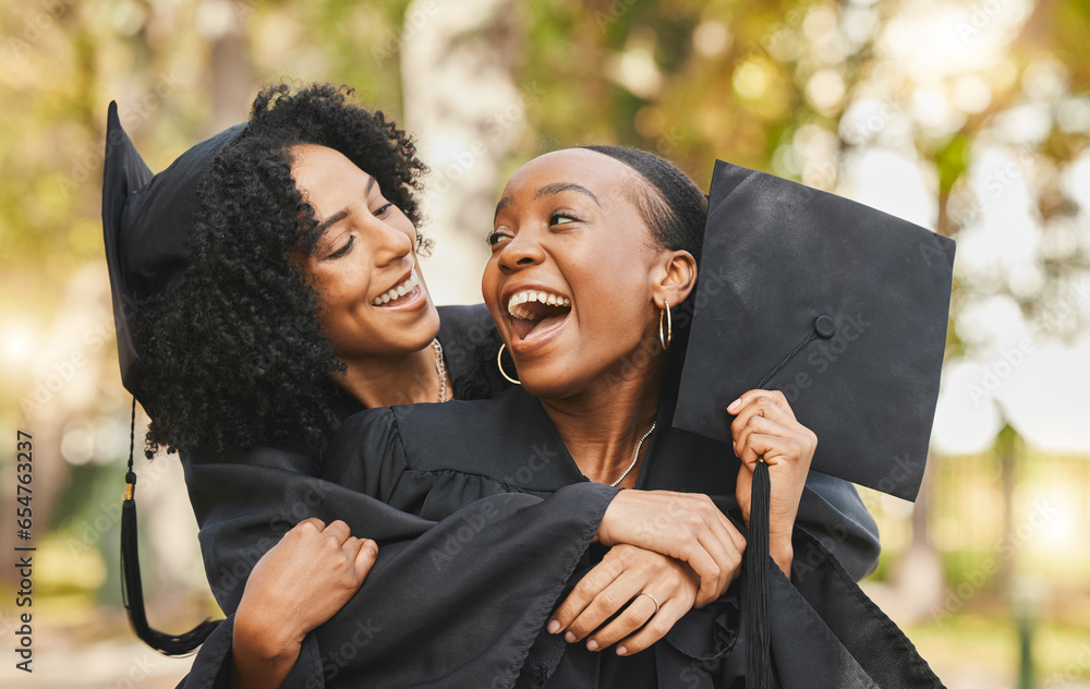 Celebration, graduation and women outdoor, hug and happiness with achievement, degree and university. People, students and friends embrace, education and outside with excellence, diploma and support