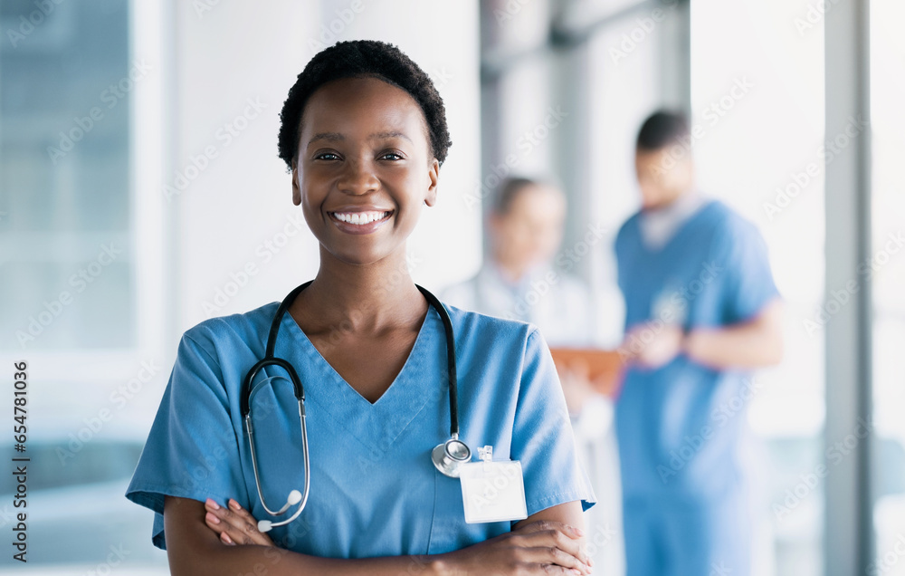 Smile, nurse and portrait of black woman with arms crossed in hospital for healthcare, wellness and nursing career. Face of happy African surgeon, confident medical professional worker and employee