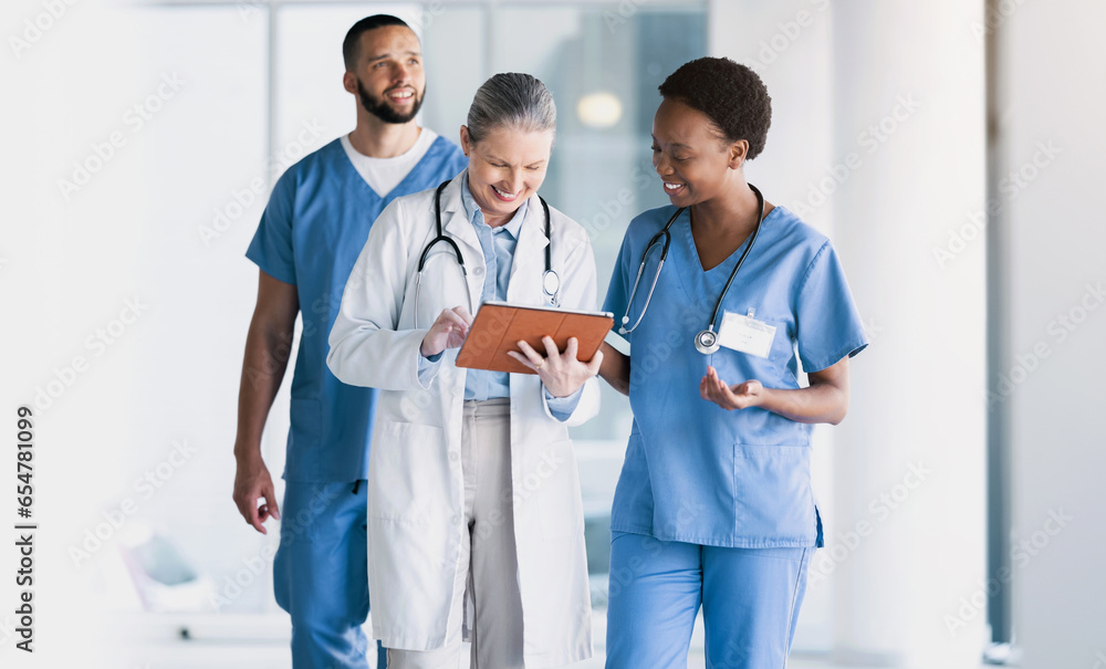 Doctor, team and tablet in research, schedule planning or online search together at hospital. Group of happy medical or healthcare employees with technology in teamwork for surgery plan at clinic