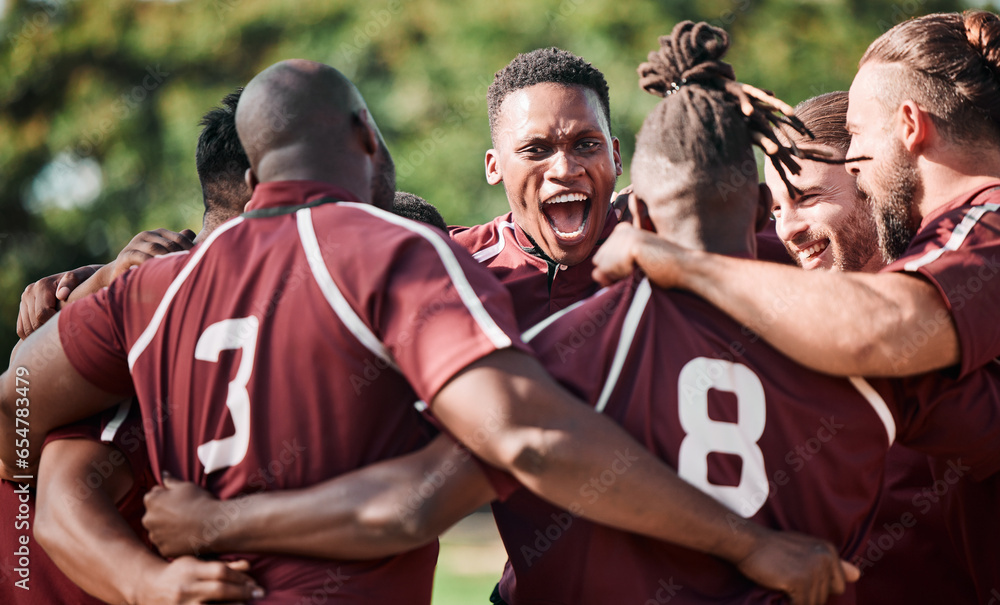 Football team, hug in circle and happy on sports field with shout, victory and final competition. Men, diversity and professional sport with collaboration in friendship and teamwork with excited