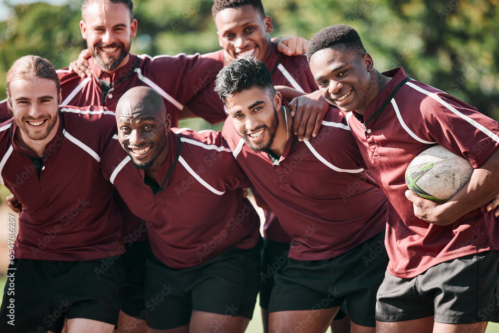 Portrait, men and rugby with smile while standing, together and happiness for victory. Team, young and boys for sports for bonding with exercise, fitness or winning of game, tournament or practice