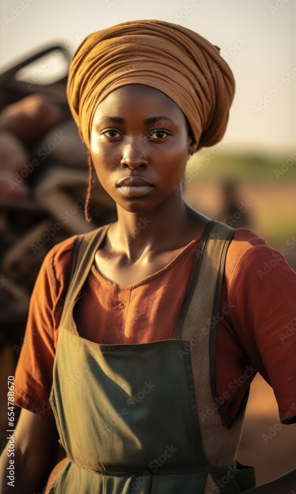 African woman farmer looking stressed on farm agriculture.