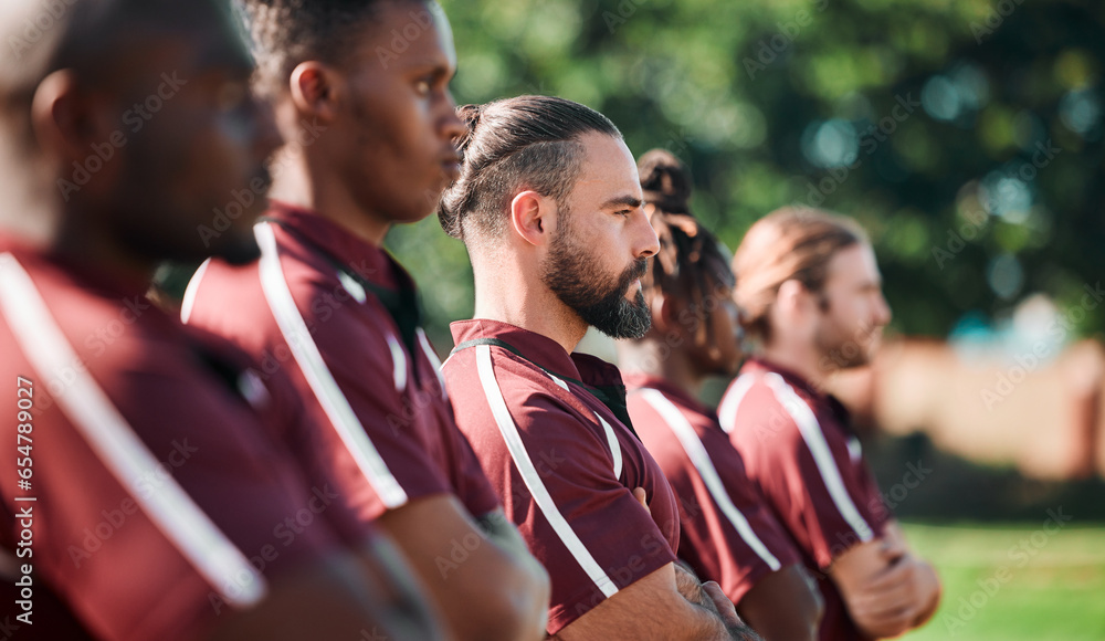 Sport, men or team with crossed arms on field for collaboration or performance after game or match. Rugby, group and people outdoor in nature for fitness, training or exercise with teamwork or pride