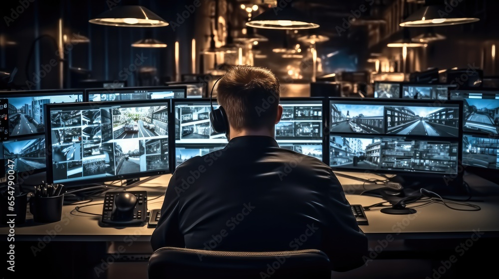 Security worker looks view from security camera on monitor in control room. CCTV technology.