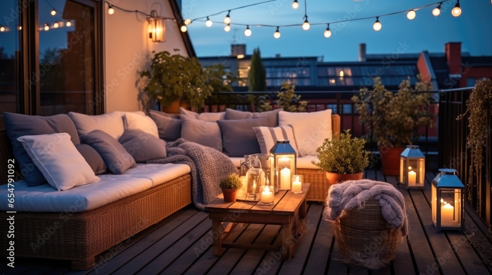 Cozy outdoor terrace of a beautiful house with string lights.