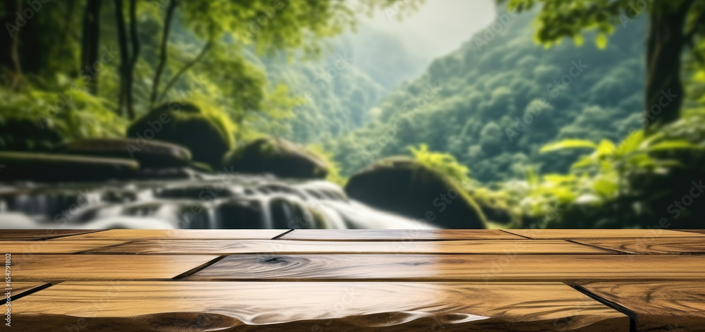 Empty wooden table top with waterfall and jungle landscape background.