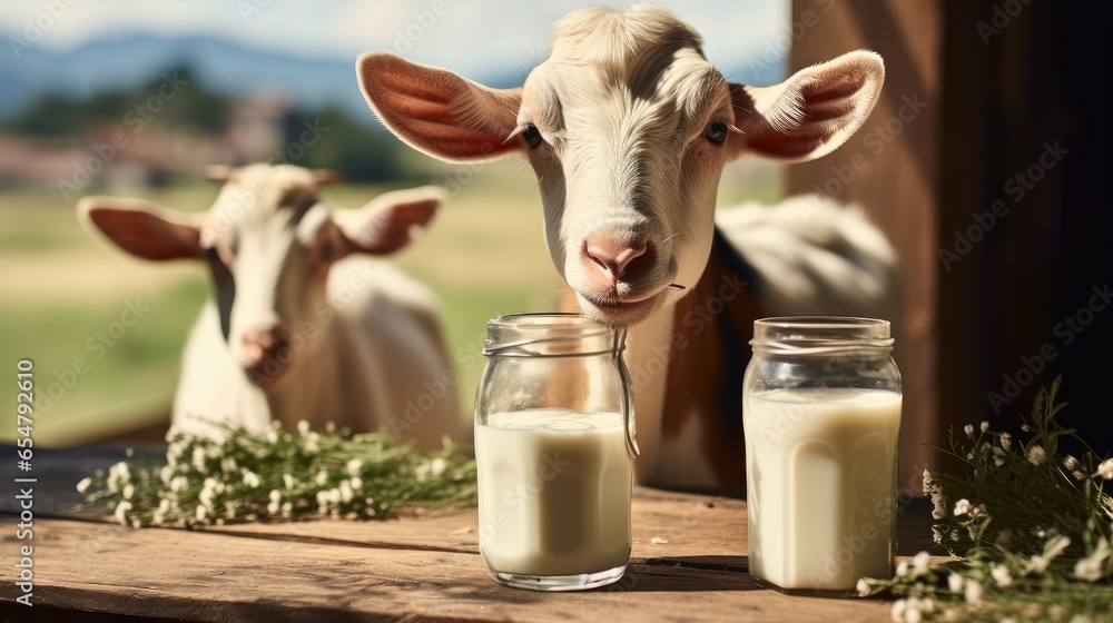 Fresh milk on wooden table with a goats background.