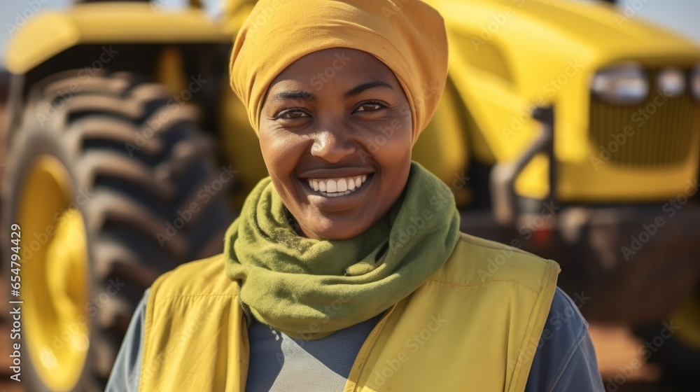 Happy African woman farmer with tractor yellow on farm.