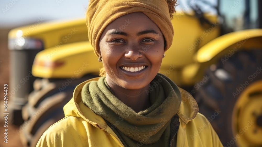 Happy African woman farmer with tractor yellow on farm.