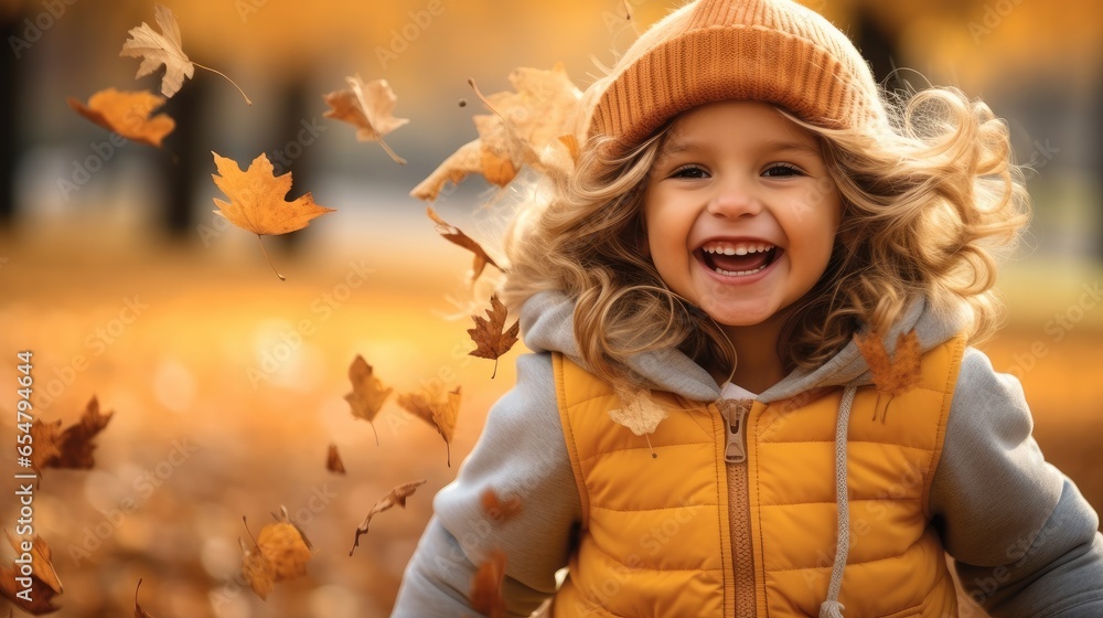 Happy little girl playing on a park in autumn.