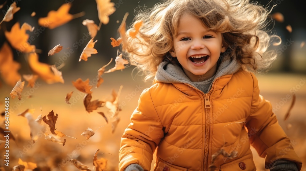 Happy little girl playing on a park in autumn.