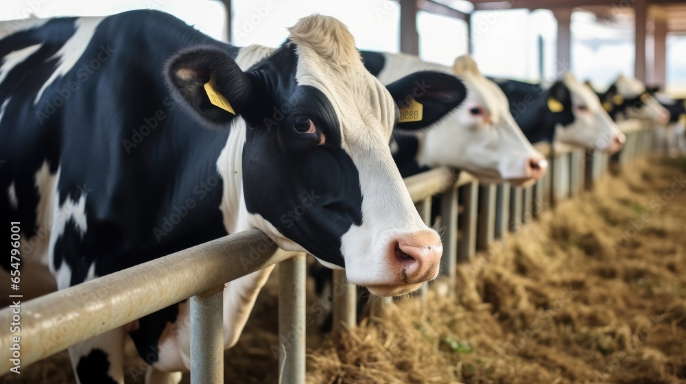 Dairy cows are eating hay in farm cowshed.