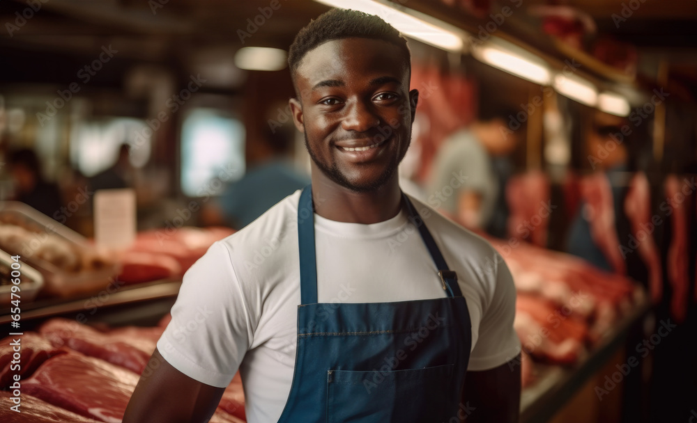 African butcher portrait standing on front of shelves with raw meat in shop.