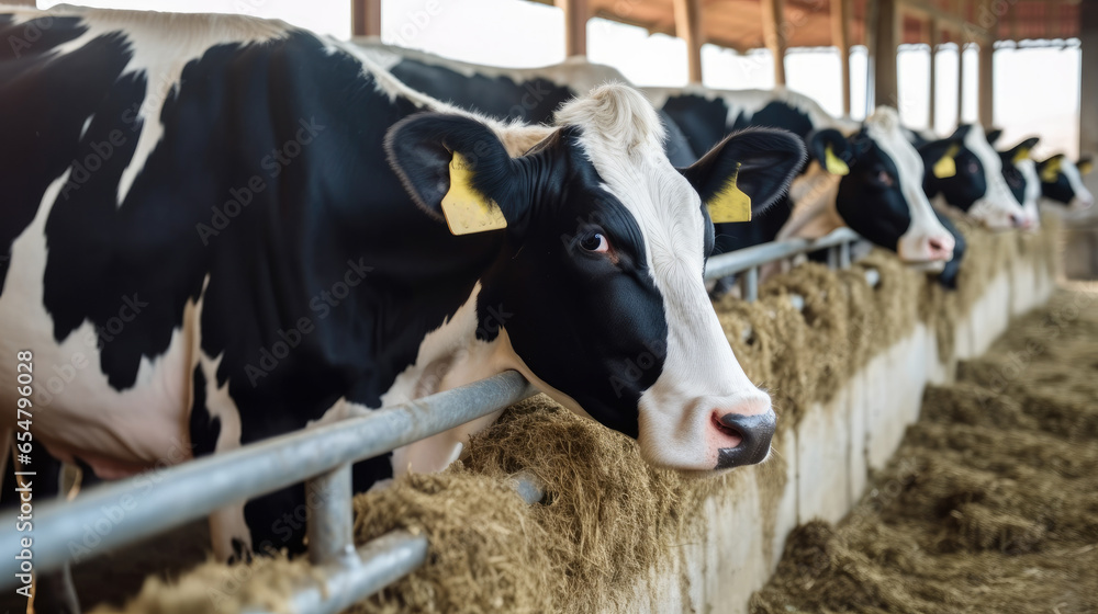 Dairy cows are eating hay in farm cowshed.