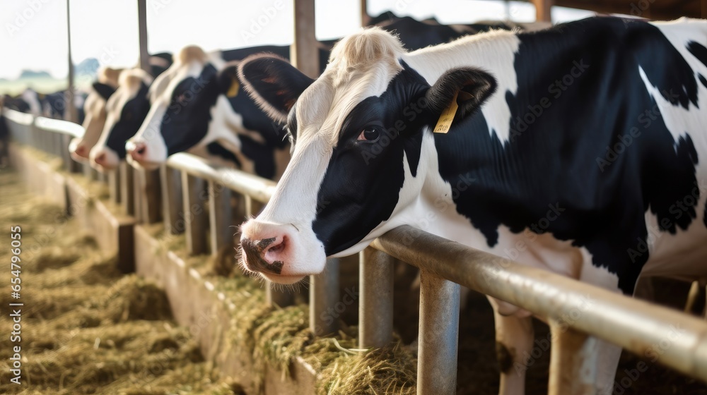 Dairy cows are eating hay in farm cowshed.