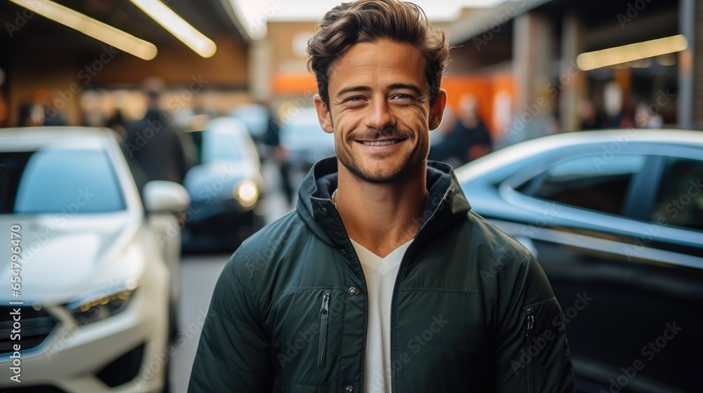 Portrait of Mechanic fixes engine standing near car in parking lot, Auto repair.