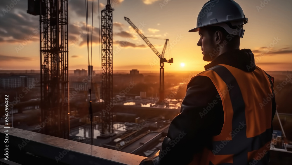 Engineer check quality concrete at heavy construction site at sunset.