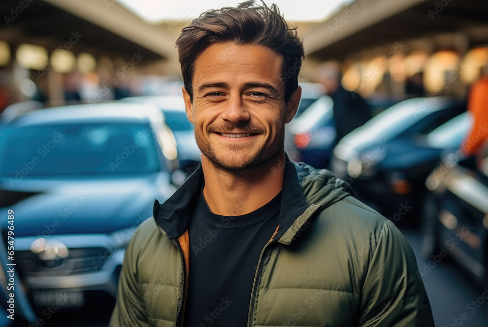 Portrait of Mechanic fixes engine standing near car in parking lot, Auto repair.