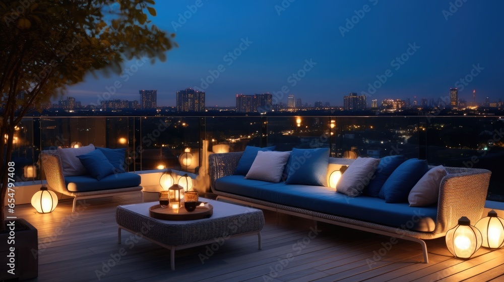 Rooftop of a beautiful house and cozy seating with panoramic views at city skyscraper, Modern decor.