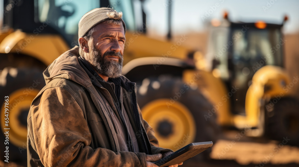 Senior engineer using tablet computer in construction site with background bulldozer.