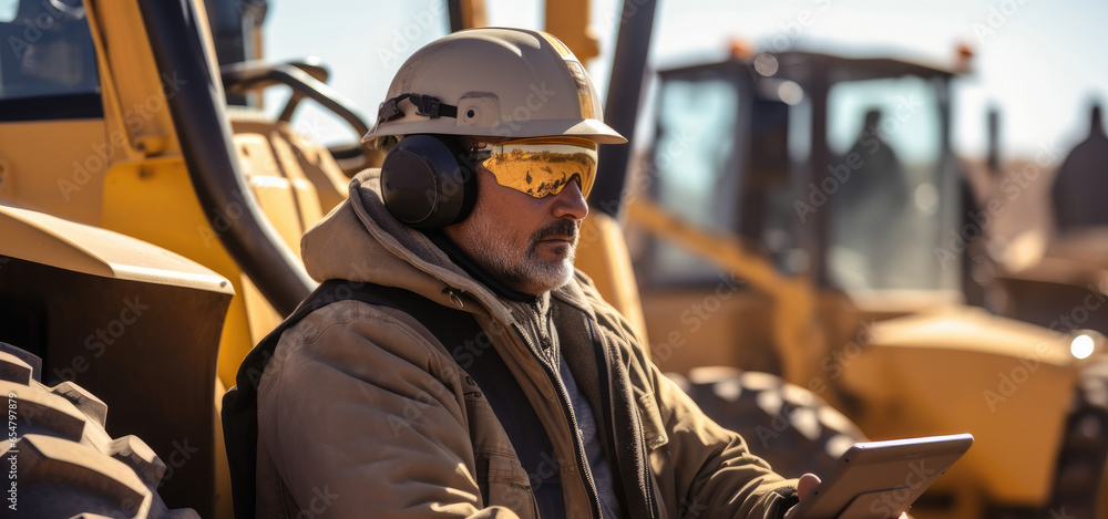 Senior engineer using tablet computer in construction site with background bulldozer.