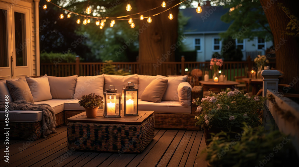 Beautiful modern house with wicker furniture at evening, Lights and lanterns in the garden.