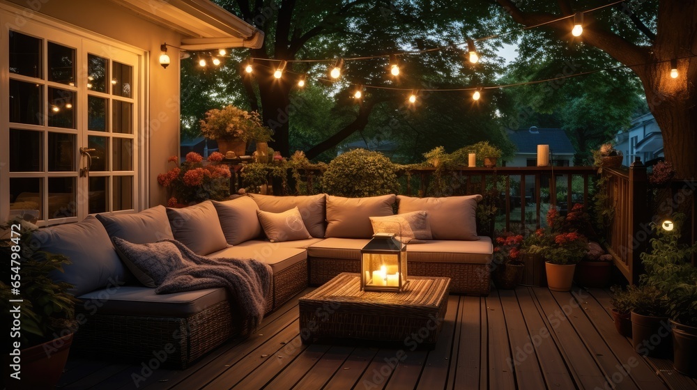 Beautiful modern house with wicker furniture at evening, Lights and lanterns in the garden.