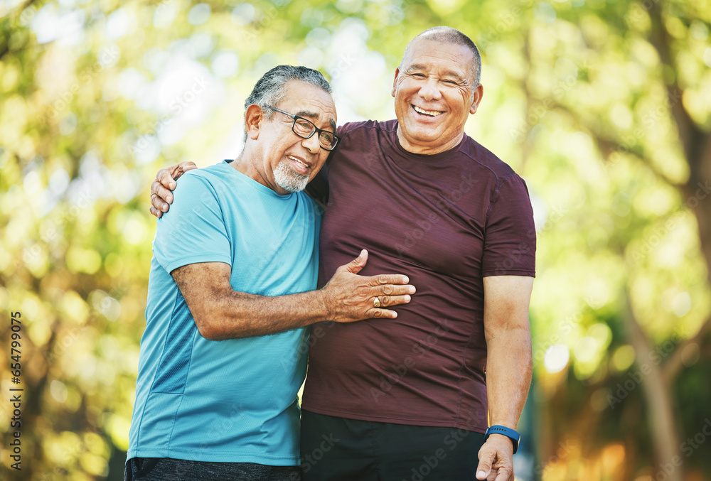 Mature, men and fitness for health in closeup for retirement in embrace, conversation and laughing at park. Elderly, people or friends on walk, together and bond for happiness with wellness in cardio