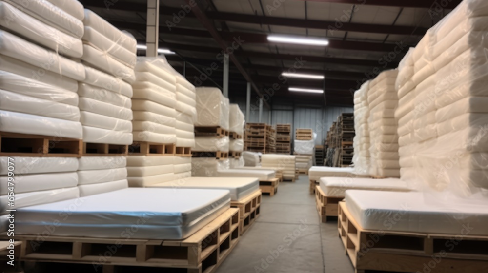 White mattresses and materials in warehouse, Waiting for transportation.