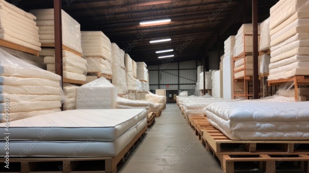 White mattresses and materials in warehouse, Waiting for transportation.