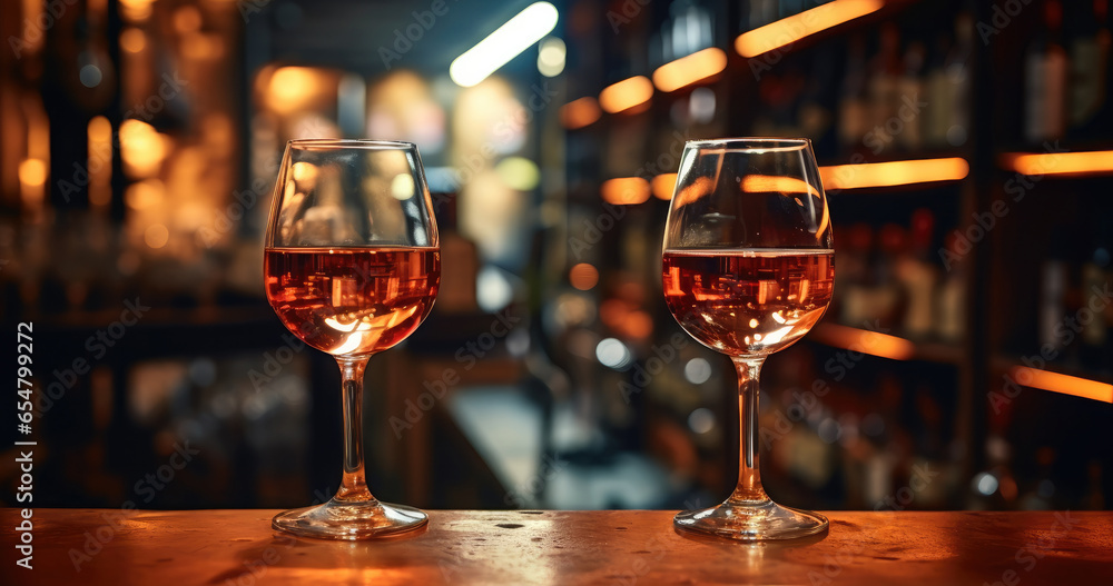 Wine glasses on counter bar.