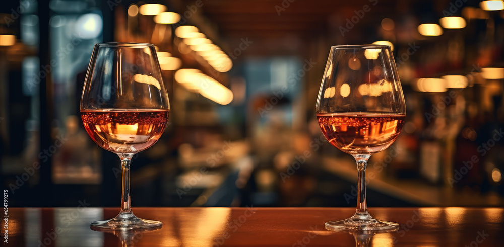 Wine glasses on counter bar.