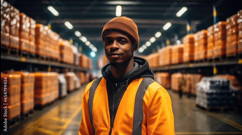 Happy African worker working in warehouse employee.