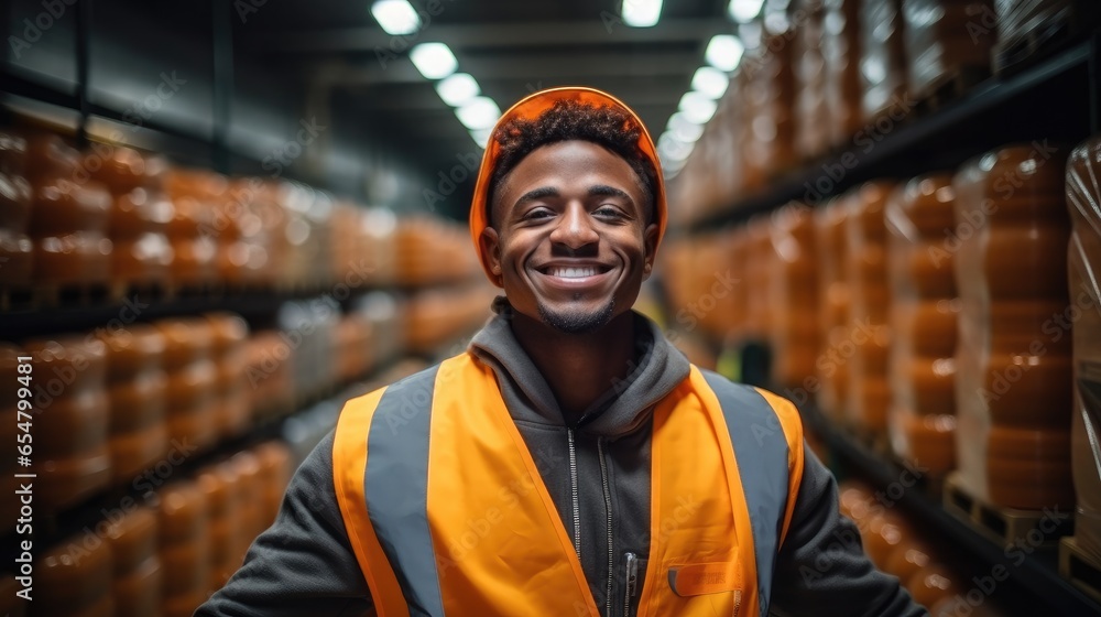 Happy African worker working in warehouse employee.