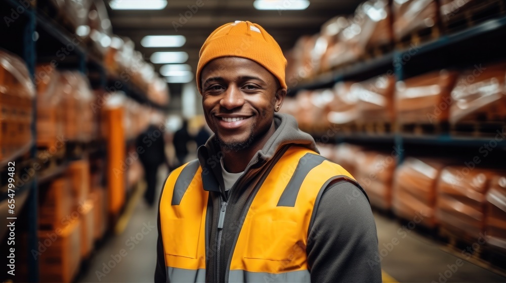 Happy African worker working in warehouse employee.