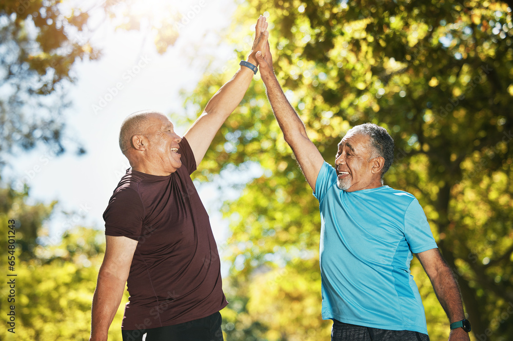 Senior man, friends and high five in nature for fitness, workout or outdoor exercise together. Happy mature people touching hands in success, teamwork or motivation for training or wellness in nature