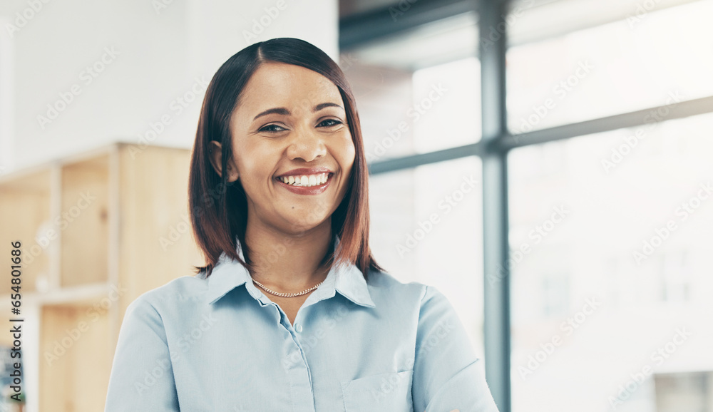 Storage, office and happy portrait of woman in retail, store or small business owner in shipping warehouse or workplace. Professional, face and employee smile with happiness in project management