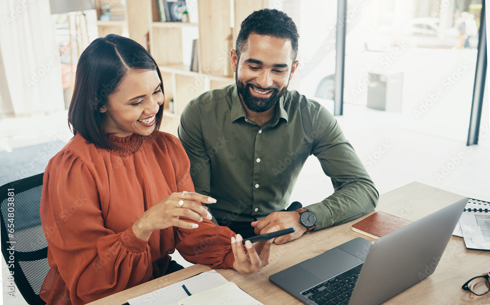 Teamwork, phone and business people in an office for coworking, training or help with a project. Happy, internet and a woman, man or employees with technology for the web, app or collaboration