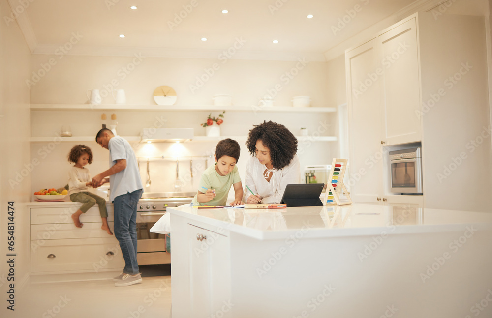 Learning, child and mother help with math homework in kitchen of family home for development and education. Support, mom and boy kid with school work and study at table for knowledge and calculation