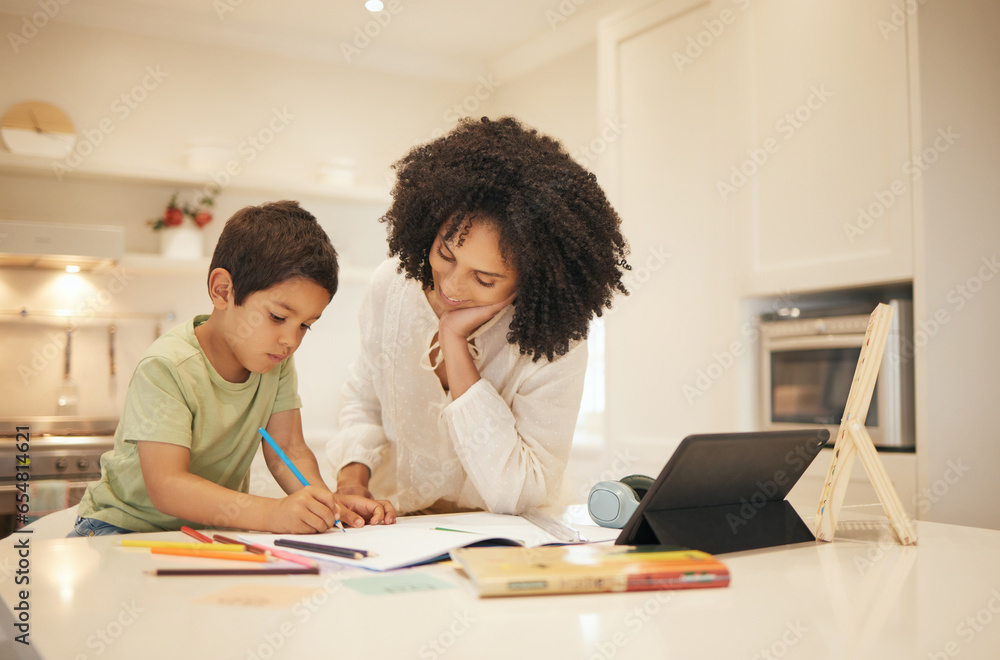 Mother, child and writing for home education, e learning and family support for creative development. Interracial mom and boy kid with books and drawing for online school, guide or teaching on tablet