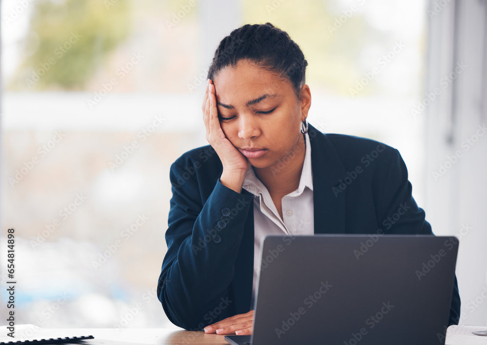 Sleeping, burnout and tired business woman with laptop in office exhausted, nap or low energy problem. Fatigue, lazy and bored female manager with eyes closed, overworked or break from online task