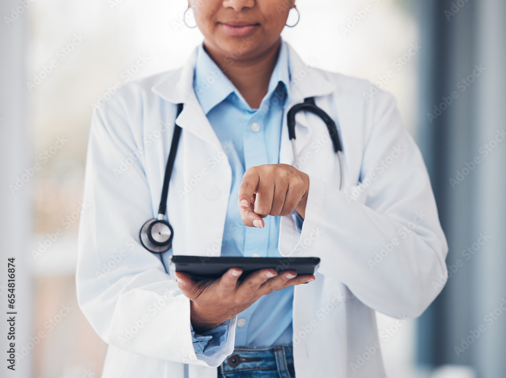 Doctor, tablet for touch and finger on button for medical research, connection and communication. Website, digital app and healthcare professional with invisible, future technology and medicine.