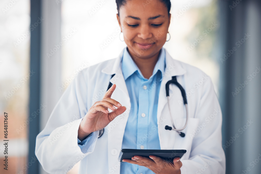 Finger, doctor and woman with tablet in hospital for user interface, biometrics and ux for telehealth. Futuristic, healthcare and person with digital tech for website, clinic and medical research