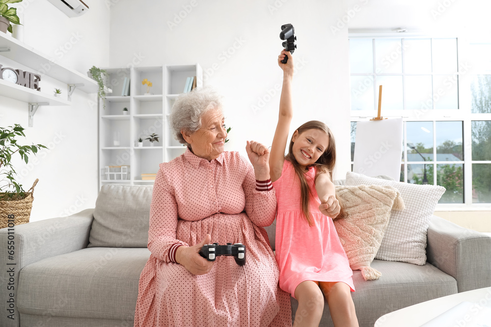 Little girl with her grandmother playing video game at home