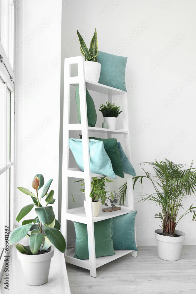 Shelving unit with green pillows and houseplants in light room