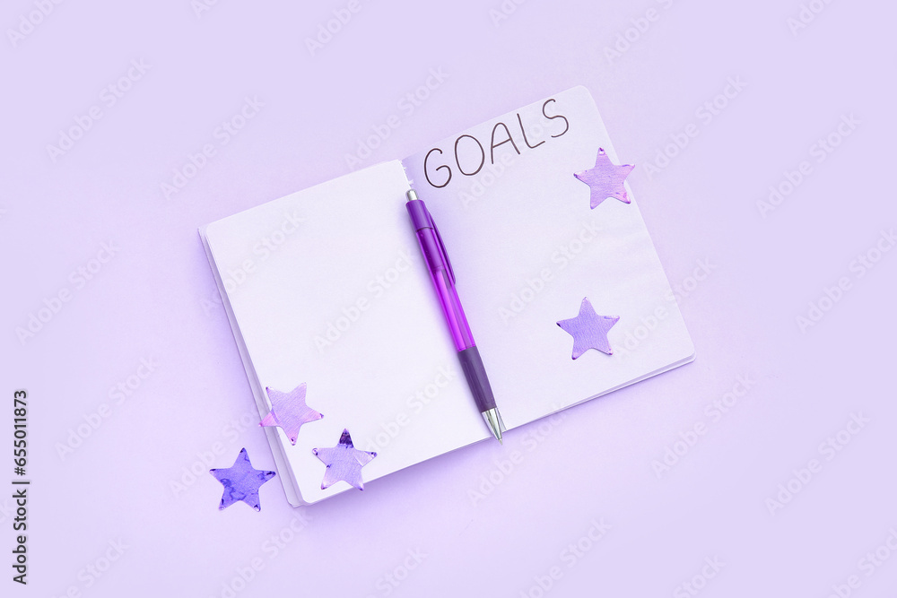 Notebook with empty to do list, pen and confetti on lilac background. New year goals